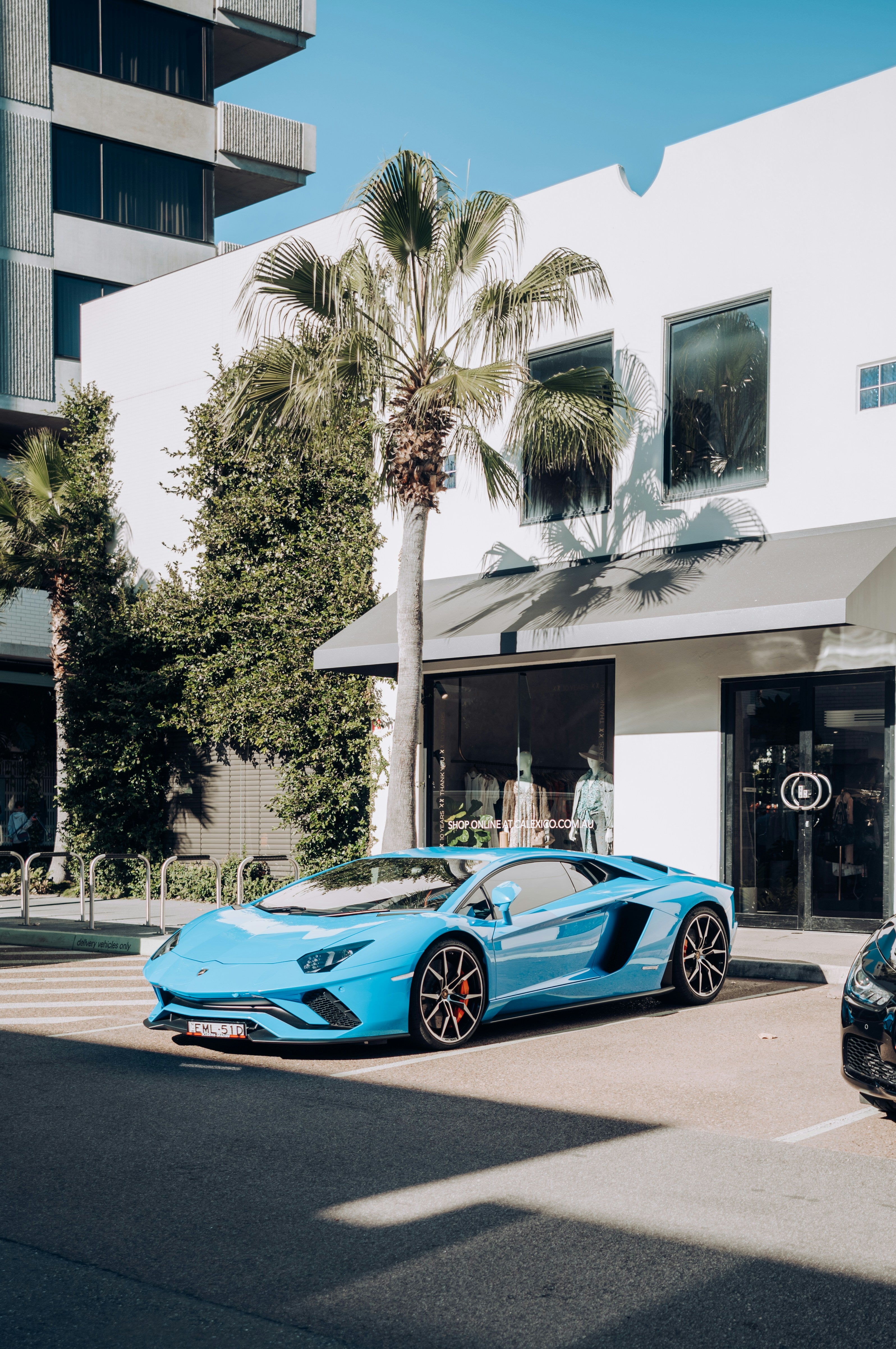 Blue supercar parked in front of a modern building with palm trees.